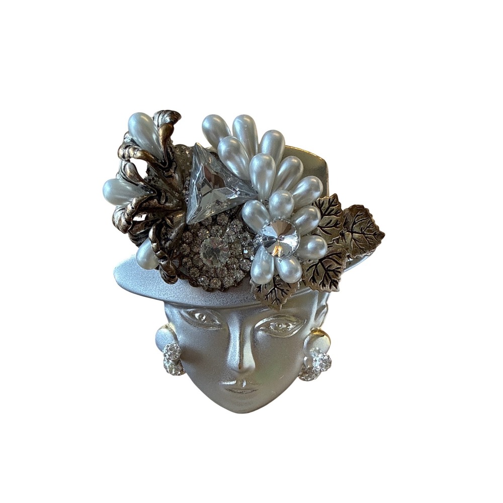 Art Deco Style Face Brooch Rhinestone‎ Pearl Floral Statement Pin 3.65"